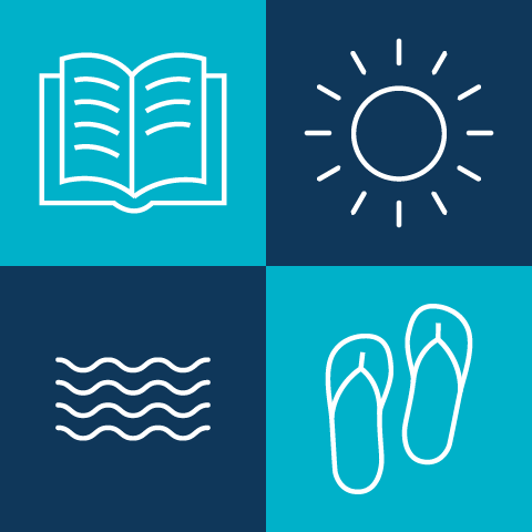 grid of four squares in alternating shades of blue with white icons representing a book, the sun, water, and sandals