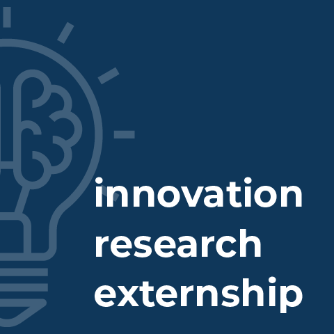 faded icon of a light bulb on dark blue background with the words innovation, research, externship