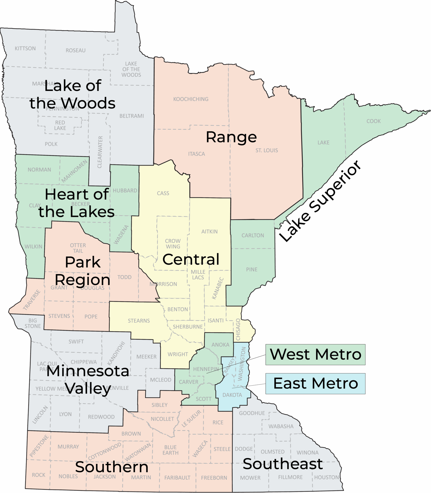 graphic showing the state of Minnesota divided into eleven regional areas