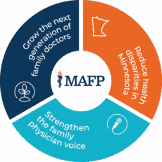 pie chart of text and icons for the three strategic priorities with the MAFP logo in the center